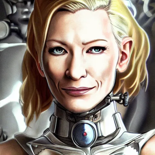 Image similar to cyborg cate blanchett, anime,drawing ,steampunk