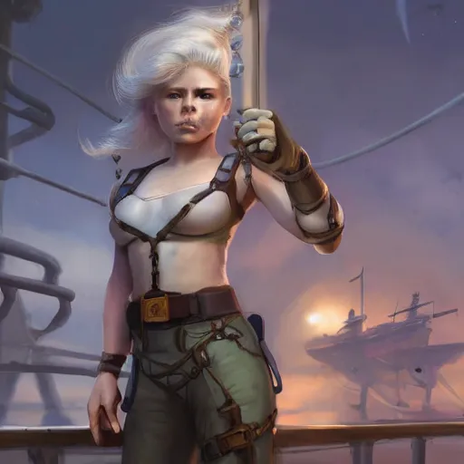 Image similar to muscular beautiful female gnome engineer with pixie undercut hair, one prosthetic robot arm, standing on a ship deck, full body portrait, dark fantasy, naval background, D&D, piercing stare, highly detailed, digital painting, HD, ArtStation, great composition, concept art, matte, sharp focus, illustration, in the style of Greg Rutkowski, joyful 4k