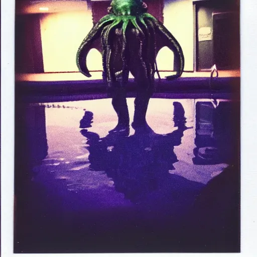 Image similar to Polaroid photo of a Cthulhu in a public pool at night