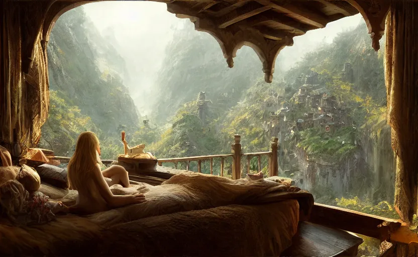 Image similar to painting of a series of a ring of bedrooms carved high up inside a mountain, lush garden with hot spring between, cozy bed, well maintained, clean, medieval, fantasy genre, natural light, fantasy, natural light, sharp focus, concept art, by greg rutkowski and craig mullins, cozy atmospheric and cinematic lighting, trending on artstation