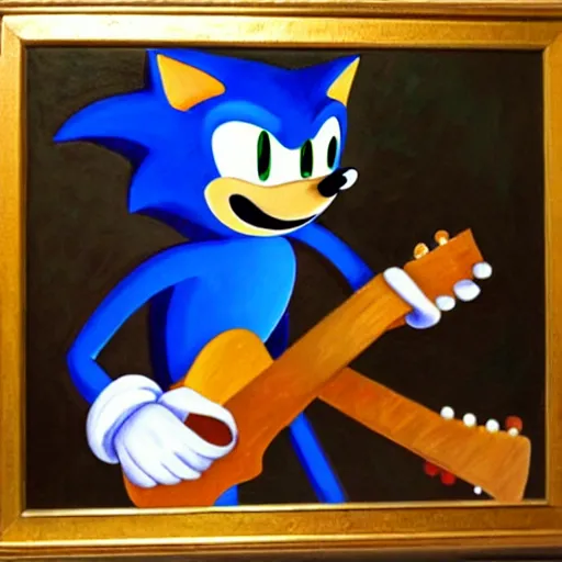 Image similar to oil painting of a sonic plays guitar