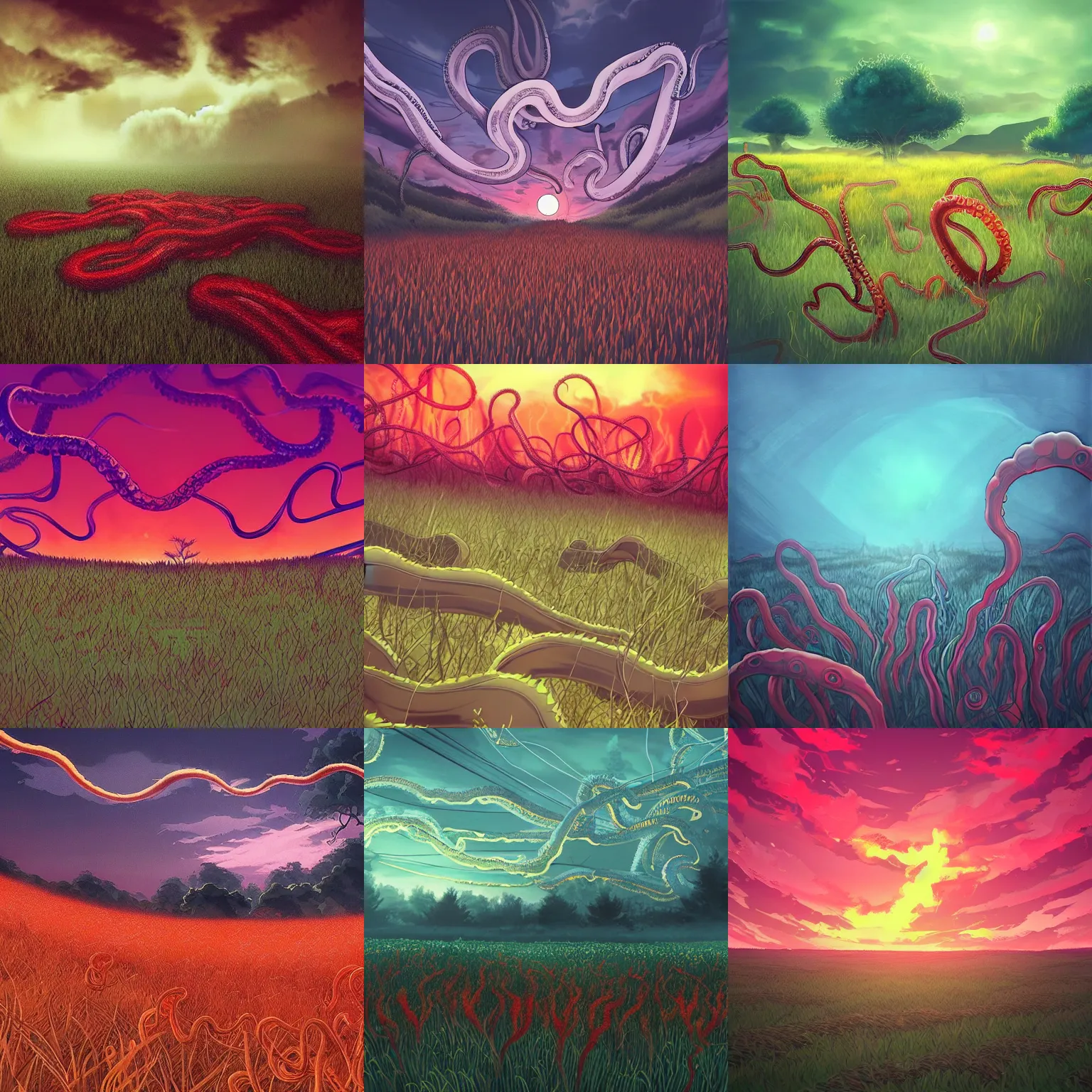 Prompt: “a field with tentacles instead of grass, eerie, creepy, flames and a red sky in the background, anime style, trending on artstation”