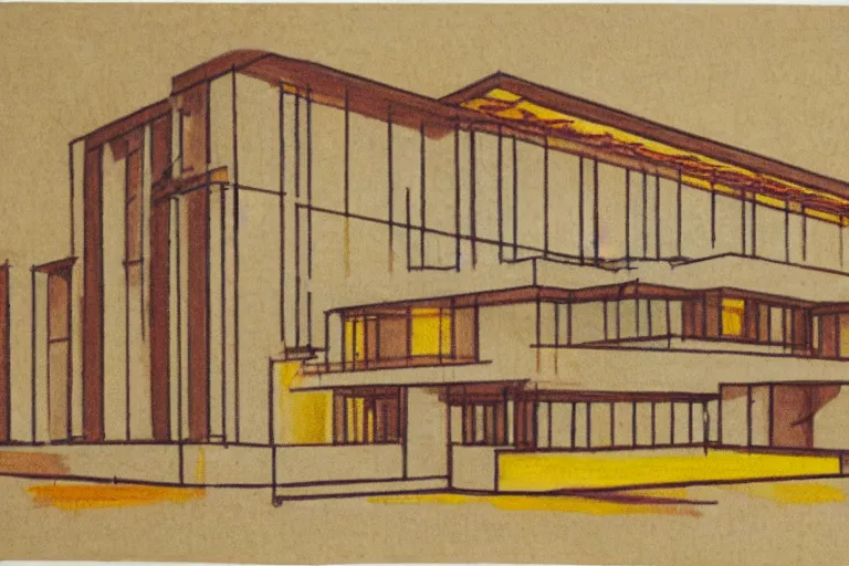 Prompt: a very detailed architectural sketch of a modern building by frank lloyd wright on a textured brown paper, windows bright with orange and yellow light color spilling on the floor
