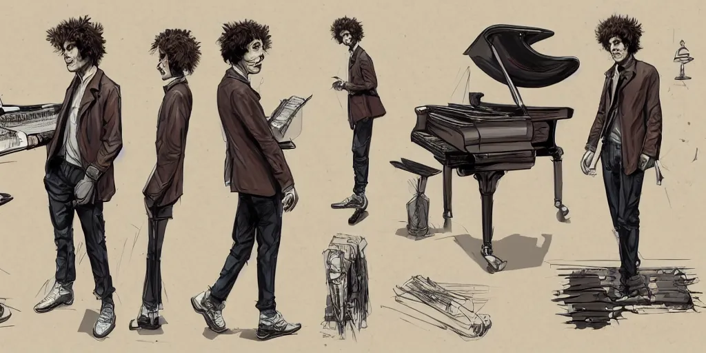 Prompt: cartoonish bob dylan playing the piano, character sheet, fine details, concept design, contrast, kim jung gi, greg rutkowski, trending on artstation, 8 k, full body, turnaround, front view, back view, ultra wide angle