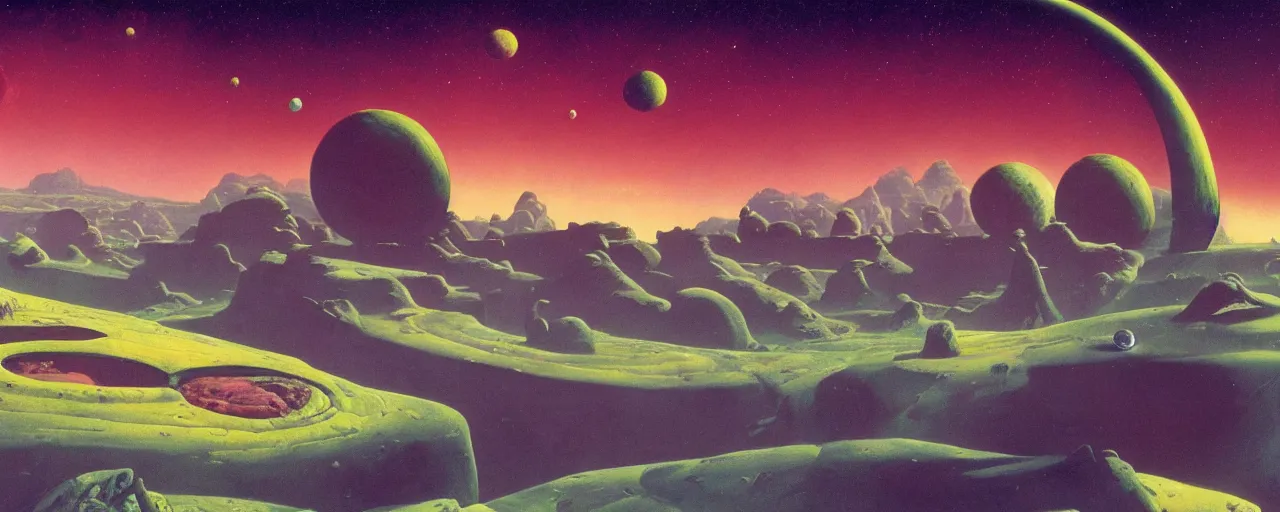 Prompt: outer planet landscape by roger dean, [ cinematic, epic, opening shot, establishing, mattepainting, 4 k ]