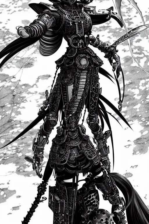 Image similar to a vertical portrait of a character in a scenic environment by Yoshitaka Amano and Nihei Tsutomu, black and white, dreamy, steampunk armor, black hair, highly detailed