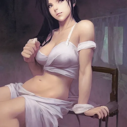 Prompt: tifa lockheart with silk robe with decollete and bra | | big eyes!!! bedroom realistic shaded, pleasant face, bad looking, fine details, realistic shaded lighting poster by greg rutkowski, artgerm, kyoto animation and alphonse mucha