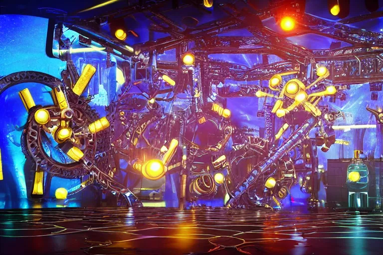 Image similar to stage from the show america got talent, on stage are 4 golden and blue metal humanoid steampunk robots dancing, robots are wearing gears and tubes, eyes are glowing red lightbulbs, shiny crisp finish, 3 d render, 8 k, insaneley detailed, fluorescent colors, nightlight