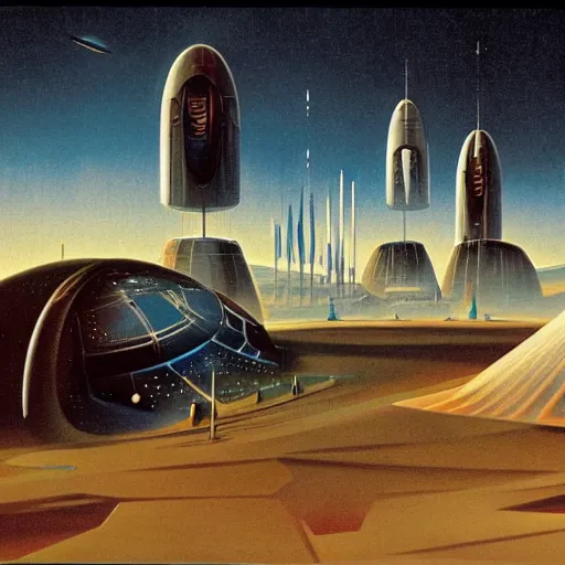 Prompt: futuristic colony on mars, sci - fi, modern, advanced, shiny, metal, glass, rockets, spaceships, 1 9 5 0's sci - fi illustration, by arthur c clark and richard powers and robert crane and damon knight