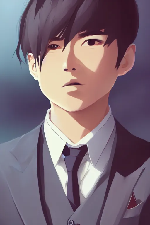 Image similar to portrait of a handsome young asian man in a suit, cool hairstyle, half body shot, trending on artstation, studio ghibli, makoto shinkai, visually stunning, beautiful nature scenery background, cinematic dramatic atmosphere, sharp focus, volumetric lighting, cinematic lighting, studio quality