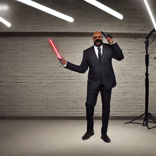 Prompt: steve harvey holding a lightsaber, beautiful dynamic lighting, cinematic, extremely high detail, photo realistic, cinematic lighting, 8 k