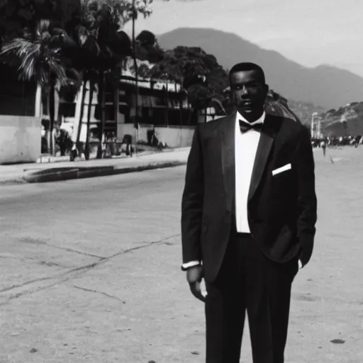 Image similar to vintage photo of a black man wearing a black suit in rio de janeiro