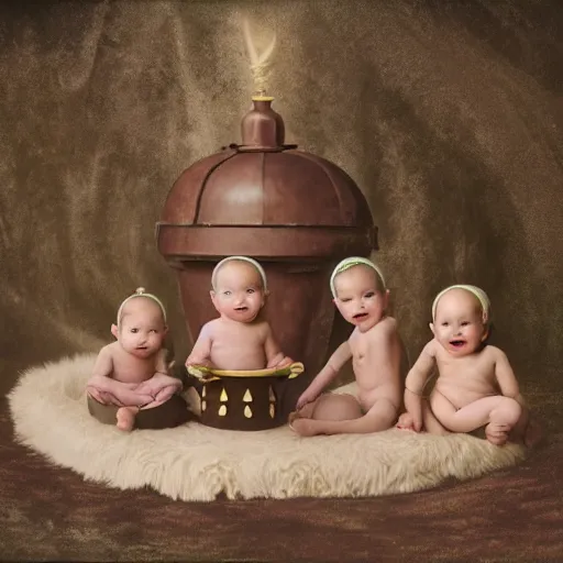 Image similar to photo of baby knights of the round table, by anne geddes, 4 k, very detailed