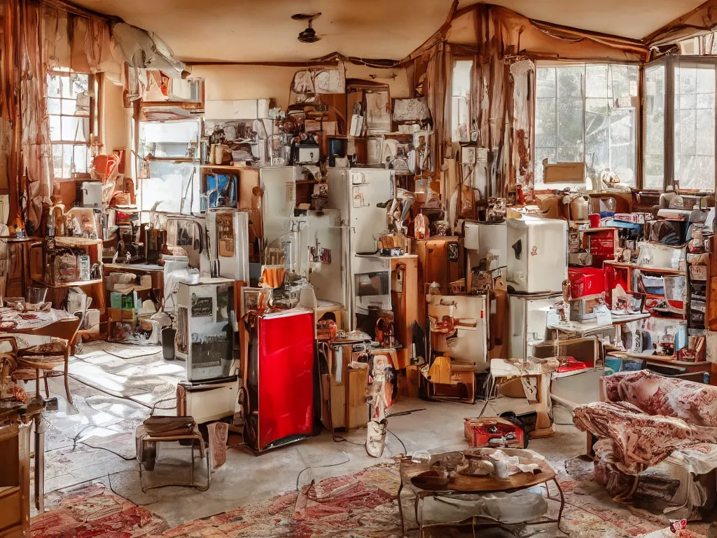 Image similar to a photo of a room with excellent interior design, natural light, some dappled light, vintage coca cola refrigerator