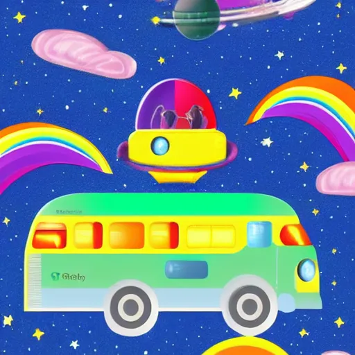 Image similar to a bus riding a rainbow in space, cartoon art, colorful