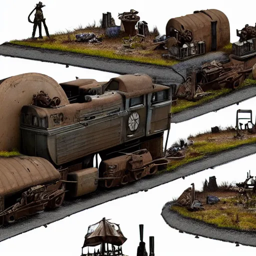 Prompt: a anthromorphic train post-apocalyptic miniatures wargame Photorealistic HD 8k highlights and shadow detailed High Resolution