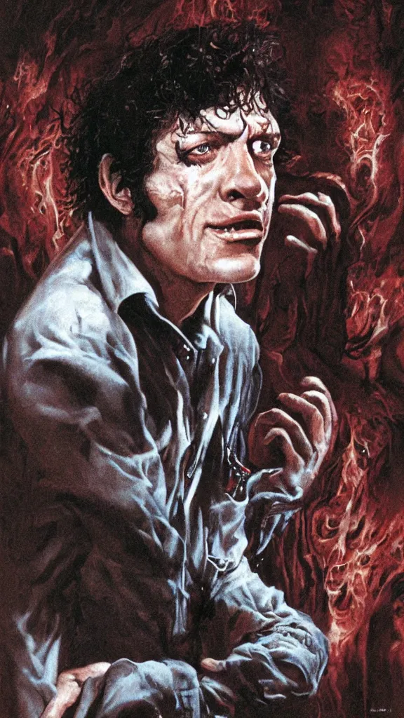 Prompt: David Kessler from An American Werewolf In London (1981) by Les Edwards, poster artwork