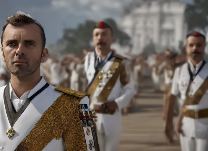 Prompt: proud man wearing a white tunic uniform, tab collars, front face, no medals, no epaulette, his arms are behind his back, ultra realistic, 4 k, movie still, uhd, sharp, detailed, cinematic, render, modern