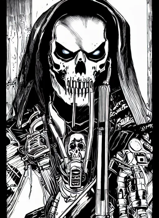 Image similar to grim reaper portrait, cyberpunk 2 0 2 0 manual, by steampoweredmikej, inktober, ink drawing, black and white, coloring pages, manga, highly detailed