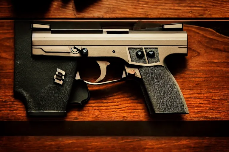 Image similar to film still of closeup pistol taped to the bottom of table, cinematic, moody, gritty neon noir by emmanuel lubezki