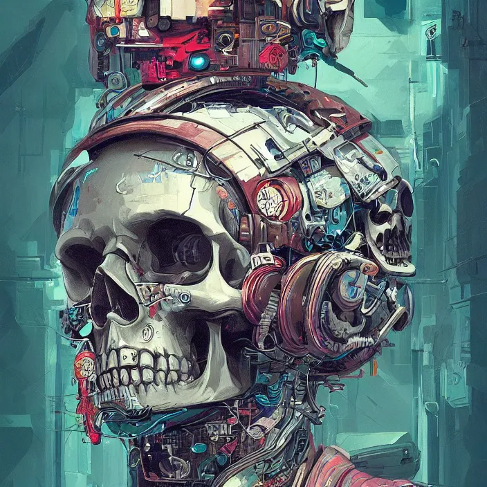 Image similar to a beautiful painting of a cyberpunk skull by james jean and pascal blanche and reza afshar. in style of colorful comic noir illustration, symmetry, sci fi, hyper detailed. octane render. trending on artstation