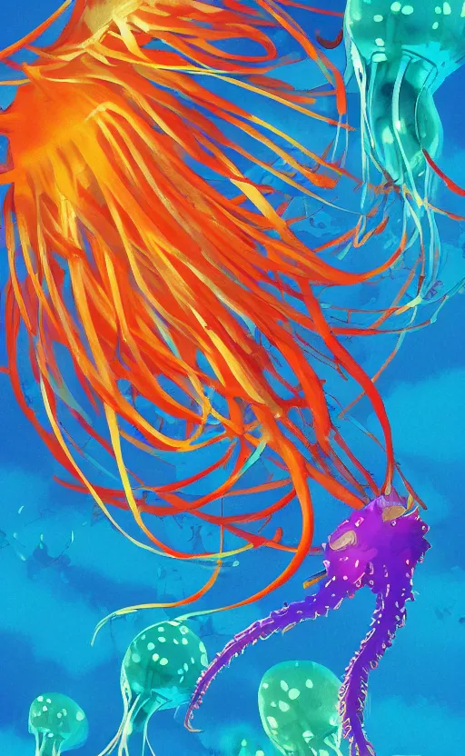 Prompt: jelly fish, autumn light, colorful, smoke, beautiful, by studio ghibli, crayons, digital art, concept art, sharp focus, illustration