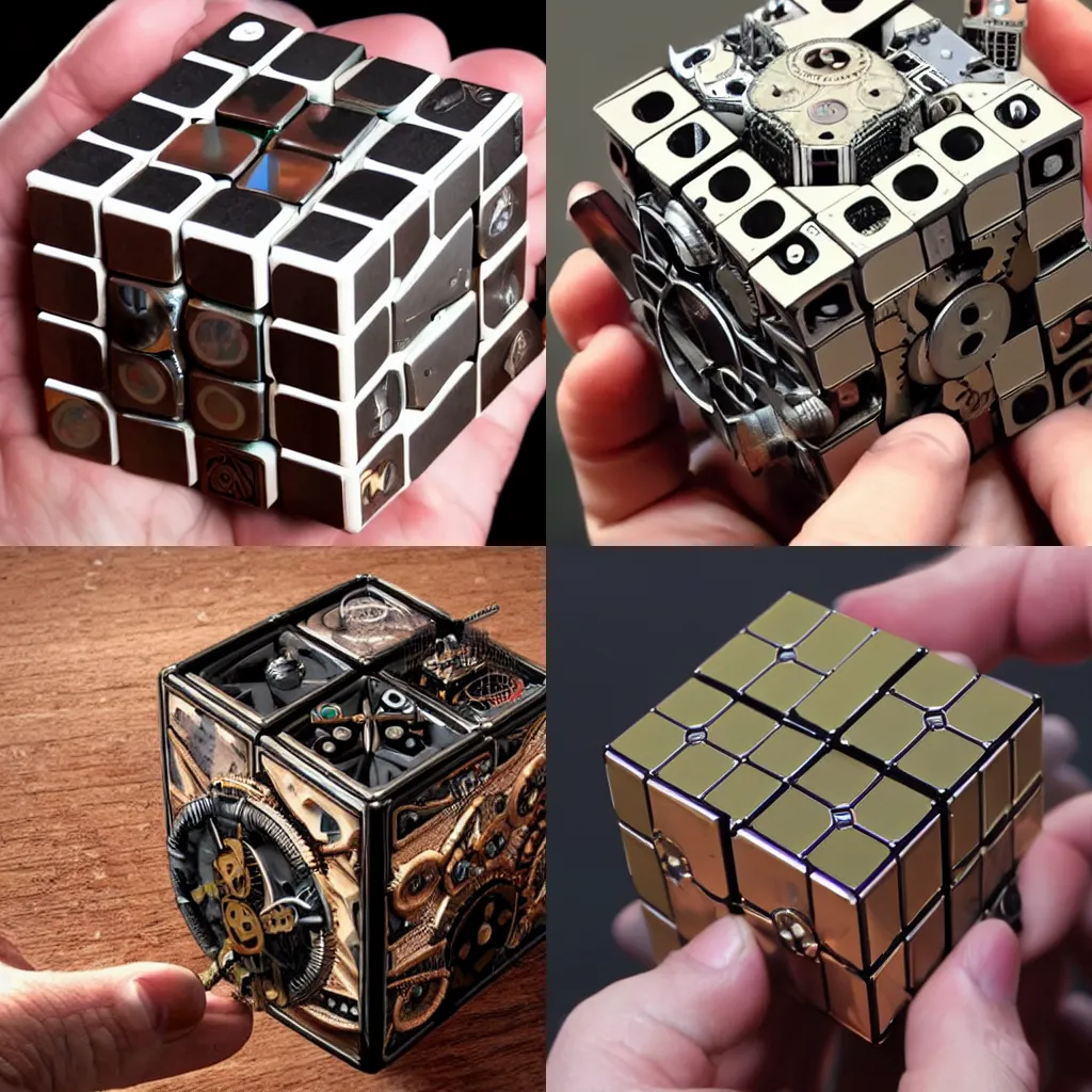 Prompt: a hyperrealistic 3d steampunk rubix cube in the palm of a robot's hand, 4k, highly detailed