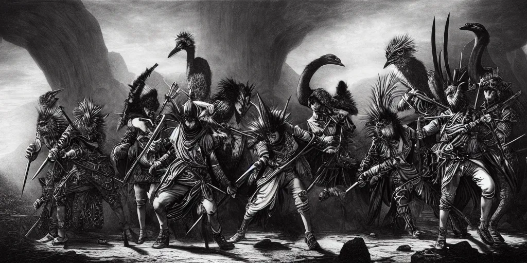 Prompt: a gang of emu banditos, d & d, fantasy, intricate, artstation, sharp focus, digital art, gustave dore, caravaggio,