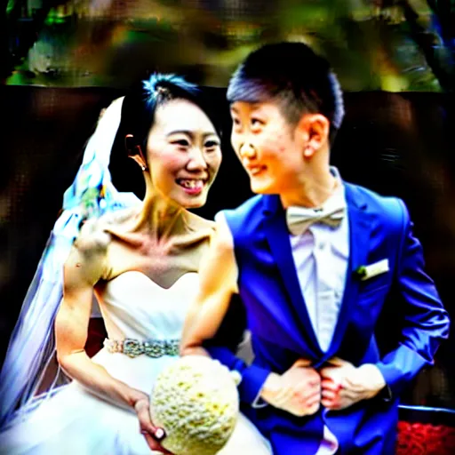 Image similar to cookie monster marrying justin sun, professional wedding photography