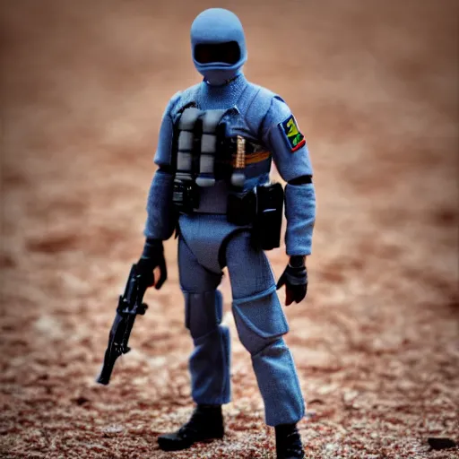 Image similar to Kevin Bacon as a G.I. Joe action figure, hyper realistic, photograph, tilt shift, 65mm, sharp focus