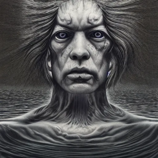 Prompt: he is watching, eyes, water, flesh, pristine, future, nature, by Ross Tran, Basil Gogos, Laurie Lipton, Zdzisław Beksiński, Junji Ito, Laurie Lipton, and Michael Whelan, distant, gustav dore, H.R. Giger, 8k, hd, 4k, hyper, realistic, octane render