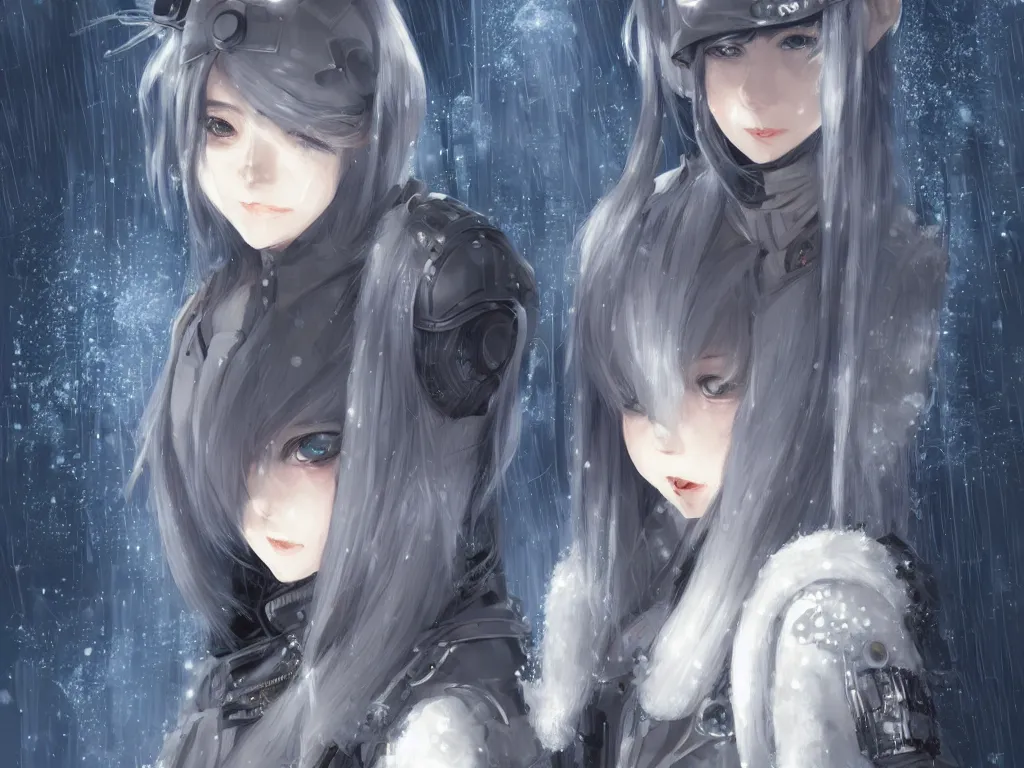Image similar to portrait cyber warrior girl, grey hair dieselpunk wardrobe, in tokyo street cyberpunk snowy night, ssci - fi and fantasy, intricate and very very beautiful and elegant, digital painting, pixiv, concept art, smooth, illustration, art by yam and luker and yoda and ライコ and zumi and shal. e trending on pixiv