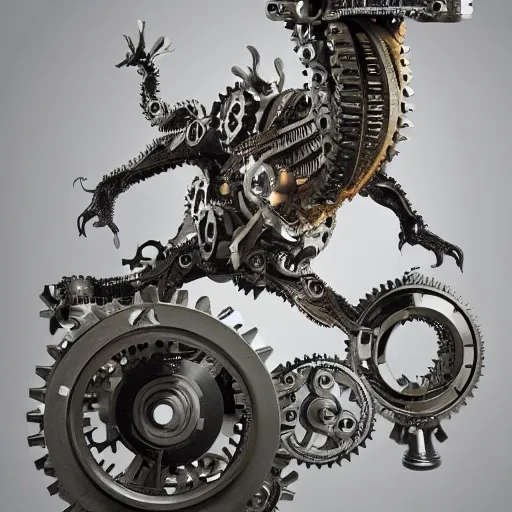 Prompt: a dragon made of mechanical components, cogs and gears