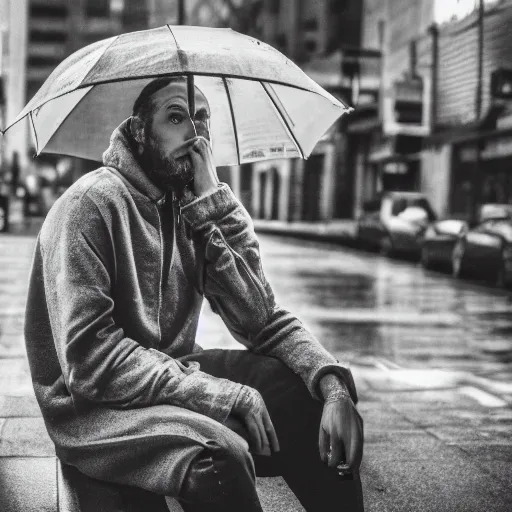 Image similar to black and white fashion photograph, highly detailed portrait of a depressed white drug dealer sitting on a busy street, looking into camera, eye contact, natural light, rain, mist, lomo, fashion photography, film grain, soft vignette, sigma 85mm f/1.4 1/10 sec shutter