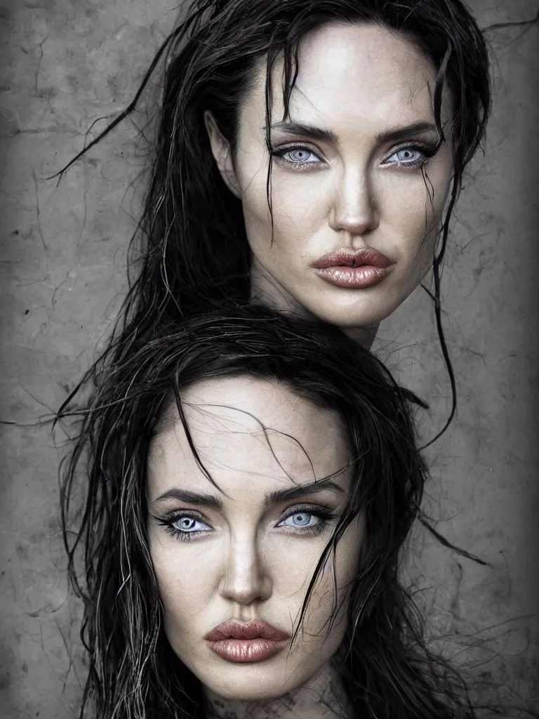 Prompt: photo, warrior, native beauty, nose of Angelina Jolie, lips of Megan Fox, big symmetrical eyes of Bjork, award winning photography by Leonardo Espina