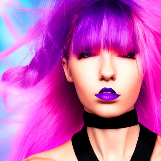 Image similar to a award winning action upper body portrait of a beautiful woman with a ombre purple pink hairstyle with head in motion and hair flying, choker, outrun, vaporware, vivid colors, highly detailed, fine detail, intricate