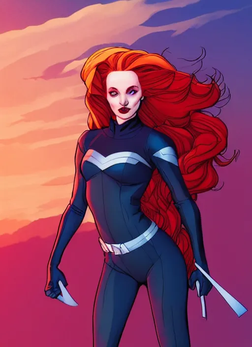 Image similar to Rafeal Albuquerque comic art, Joshua Middleton comic art, cinematics lighting, sunset colors, pretty female Madelaine Petsch Rogue x-men marvel, big smirk, symmetrical face, symmetrical eyes, long red hair and white hair, with white streak in hair, full body, flying in the air, sunset