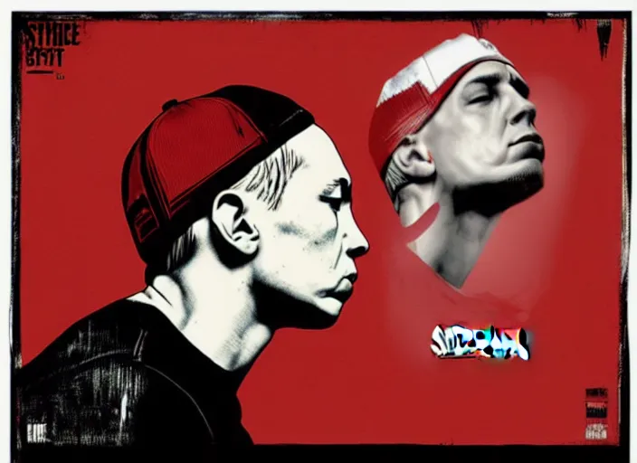 Prompt: Sideview Portrait of eminem by Shepard Fairey