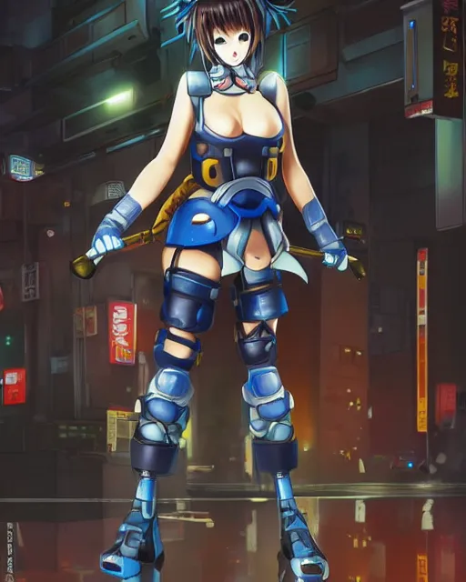 Prompt: full body image of anime girl in mechanic armor in night tokyo by makoto sinkai, fine details