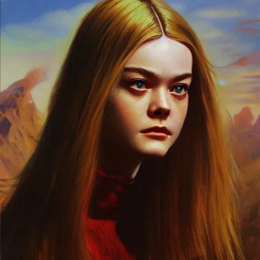Image similar to ultra realistic portrait painting of elle fanning in the world of bruce pennington, art by frank frazetta, 4 k, ultra realistic, highly detailed, epic lighting