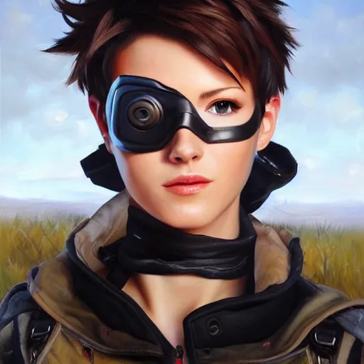 Image similar to oil painting of tracer overwatch in a field, in style of mark arian, expressive face, very detailed face, wearing large detailed black collar, very detailed eyes, full body, feminine face, detailed makeup on eyes,