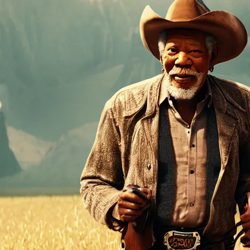 Prompt: an film still of morgan freeman as cowboy with beard, western background, unreal engine