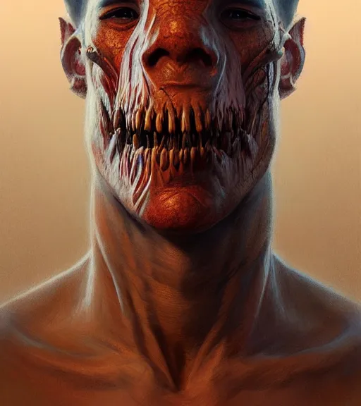 Image similar to portrait of a man, half face skin injured torn revealing dinosaur skin, highly detailed, digital painting, artstation, concept art, smooth, sharp focus, illustration, art by wlop, mucha, artgerm, and greg rutkowski