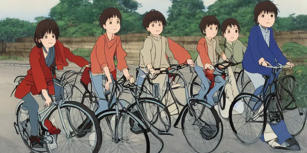 Image similar to three people share a bike, front and rear seats, lovely, by hayao miyazaki