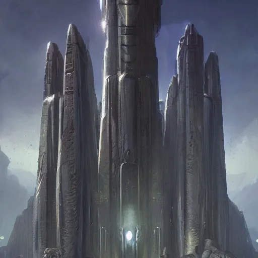 Image similar to pulp fantasy concept art painting of an alien civilisation, sacred monoliths, futuristic, technocracy, shrines, by greg rutkowski and james gurney