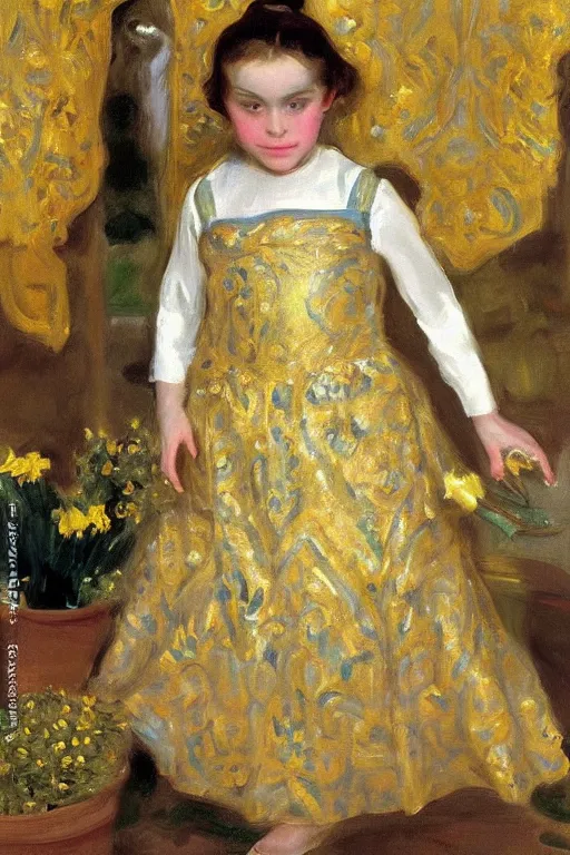 Image similar to girl waer detailed golden arabesque dress with a lot of narcissus in persian pot, painting by john singer sargent