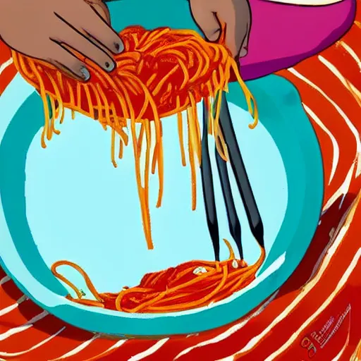 Image similar to a girl swimming in spaghetti with lots of sauce