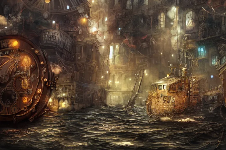 Image similar to a steampunk istanbul, underwater, digital painting, mixed media, trending on artstation and deviantart, epic composition, highly detailed, 8 k