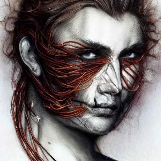 Image similar to portrait of a Shibari rope wrapped face and neck, headshot, insanely nice professional hair style, dramatic hair color, digital painting, of a old 13th century, traveler, amber jewels, baroque, ornate clothing, scifi, realistic, hyperdetailed, chiaroscuro, concept art, art by Franz Hals and Jon Foster and Ayami Kojima and Amano and Karol Bak,