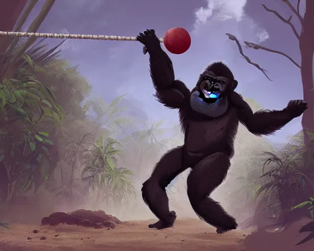 Image similar to a gorilla playing volleyball in a jungle, holding a volleyball, volleyball net, digital art, in the style of greg rutkowski